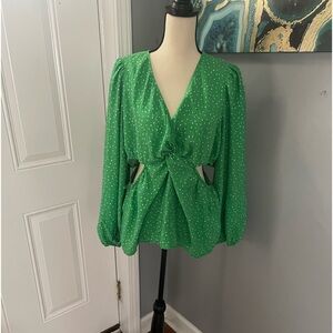 a New day peasant sleeve cut out , Long Sleeve polka Dot Green blouse size XL